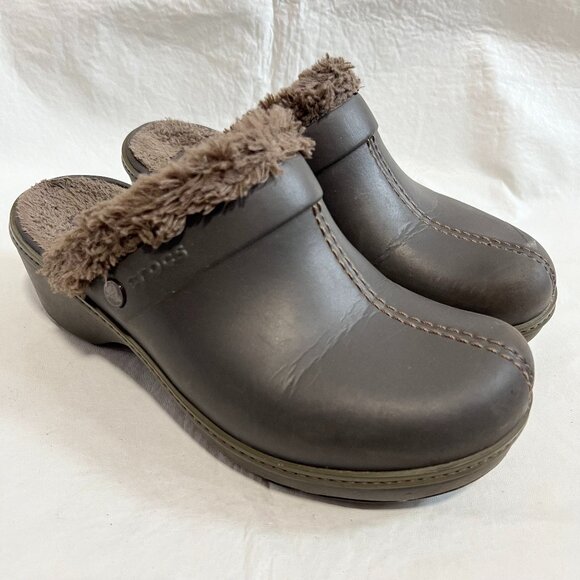 Crocs Cobbler Eva Lined Clog Mule womens 9 brown furry lining block high heel - Picture 1 of 15